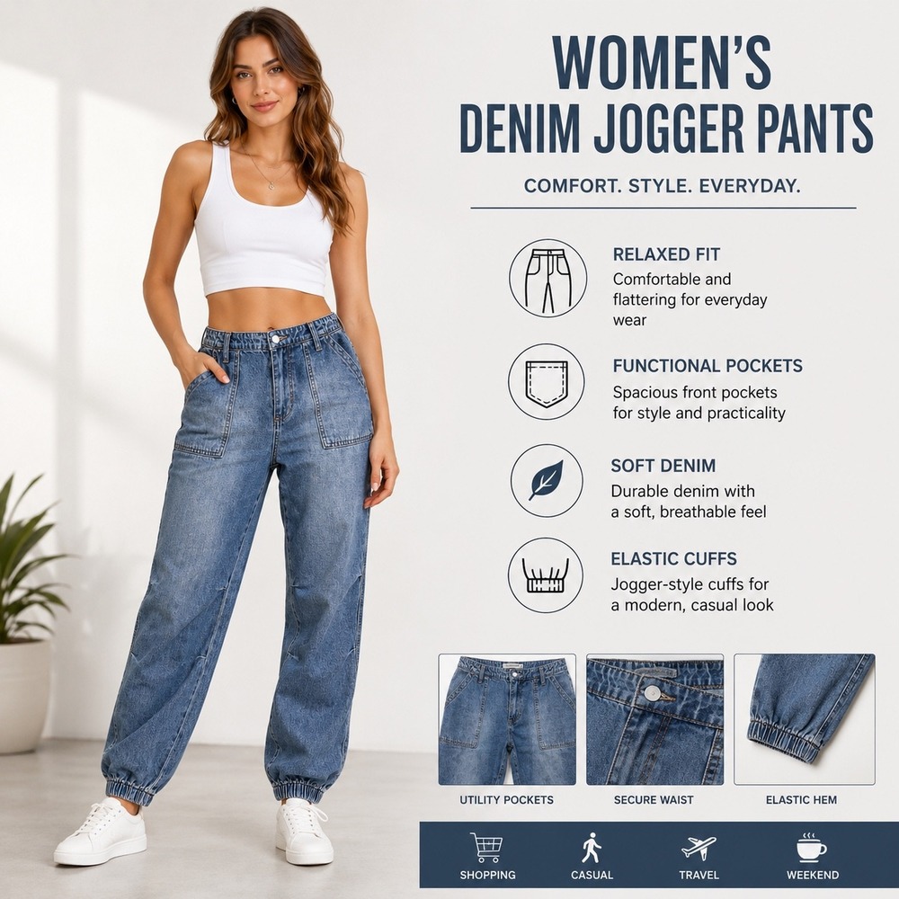 RM Rebecca Minkoff Womens Blue Denim Joggers Elastic Waist Utility Pants Size L